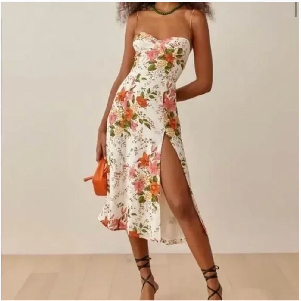 Reformation Juliette Dress Tropique Floral Print Midi White Red Size 10 New